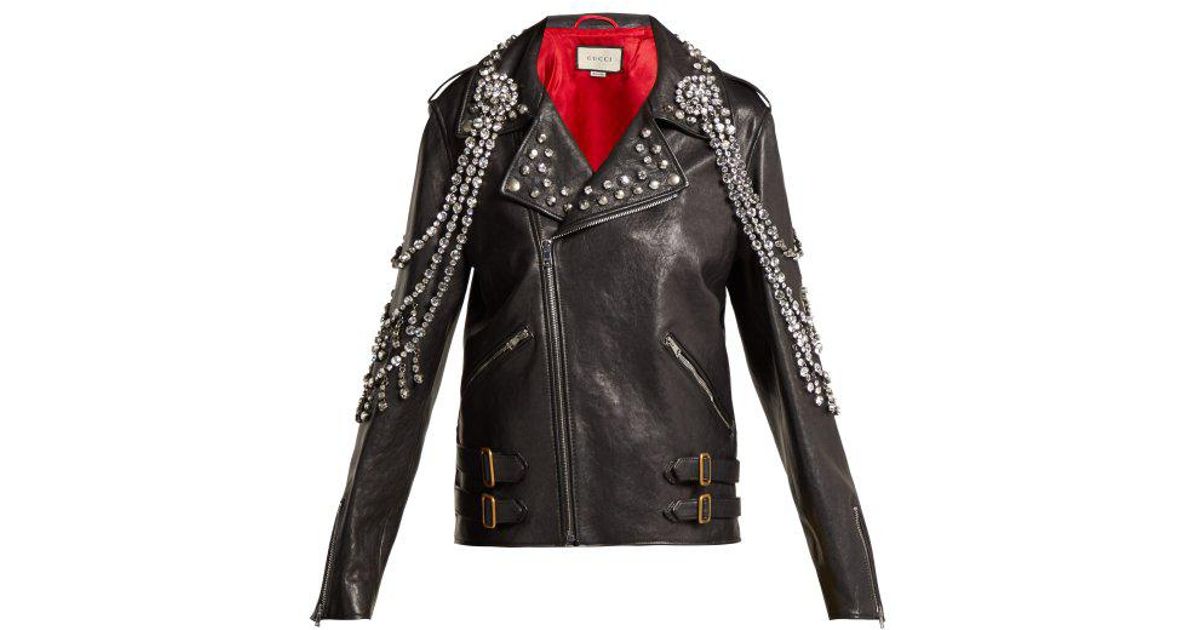 Gucci Yankees Crystal Embellished Leather Biker Jacket In Black Lyst