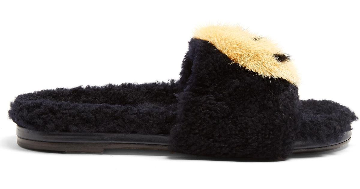 Lyst Anya Hindmarch Smiley Shearling And Fur Slides