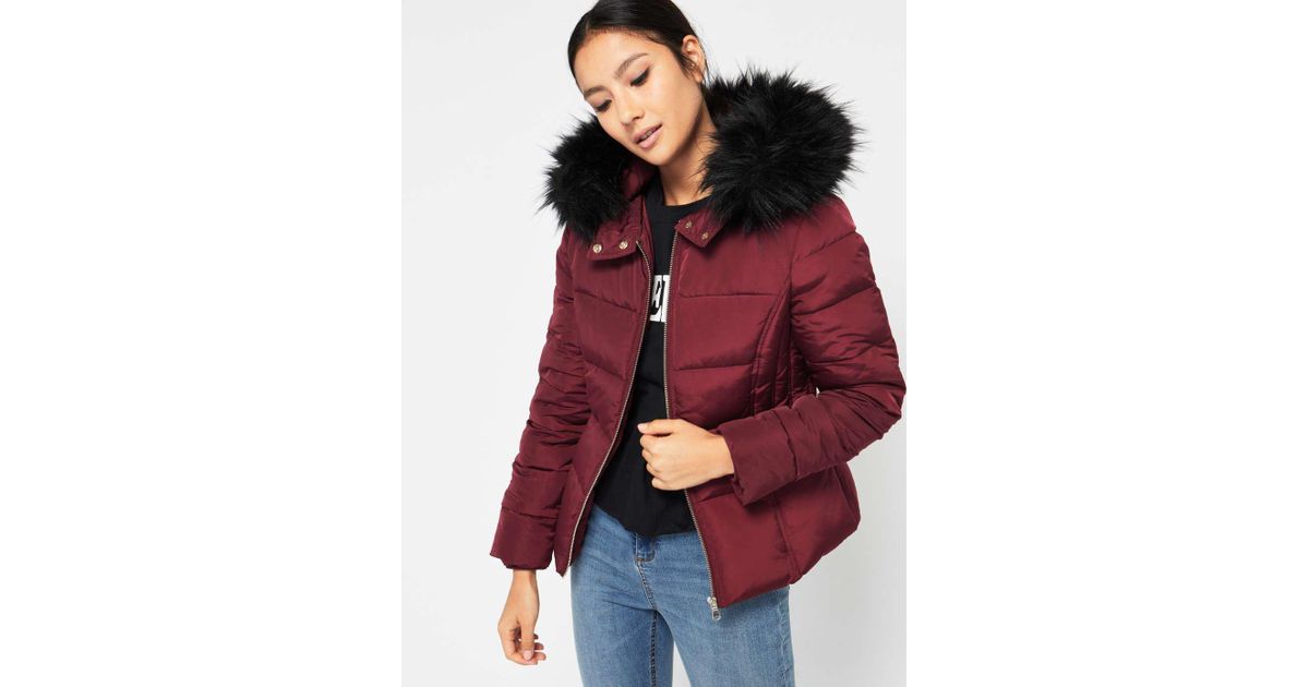 burgundy puffer coat with fur hood