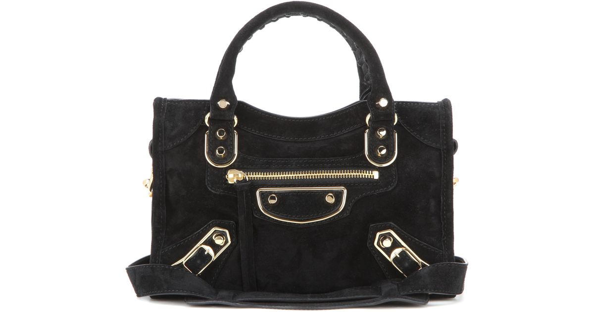 Balenciaga Black Classic Metallic Edge Mini City Suede Shoulder Bag