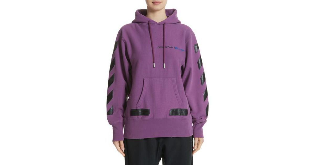 purple off white champion hoodie