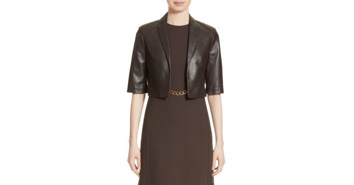 Lyst Michael Kors Crop Plonge Leather Jacket In Brown