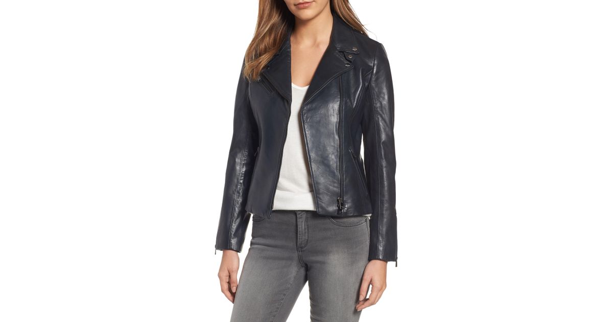 Lyst Lamarque Asymmetrical Zip Leather Biker Jacket In Blue