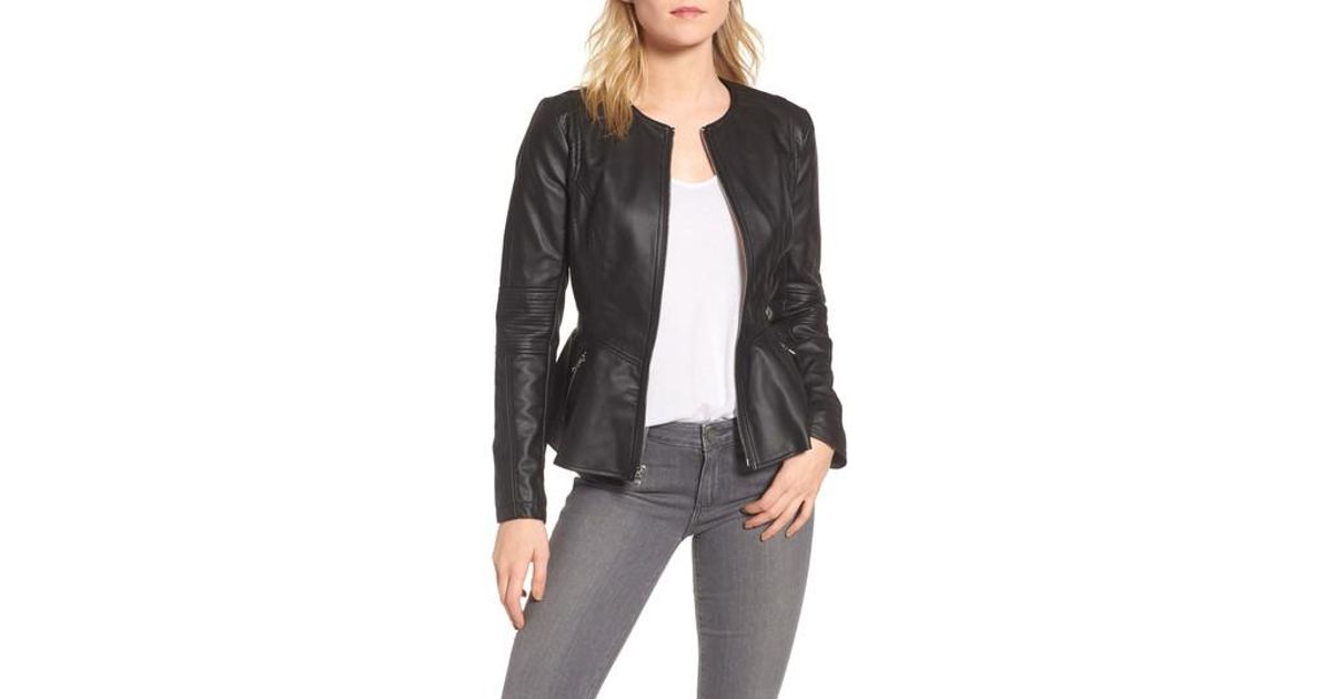 Lyst Guess Perforated Peplum Hem Faux Leather Jacket In Black