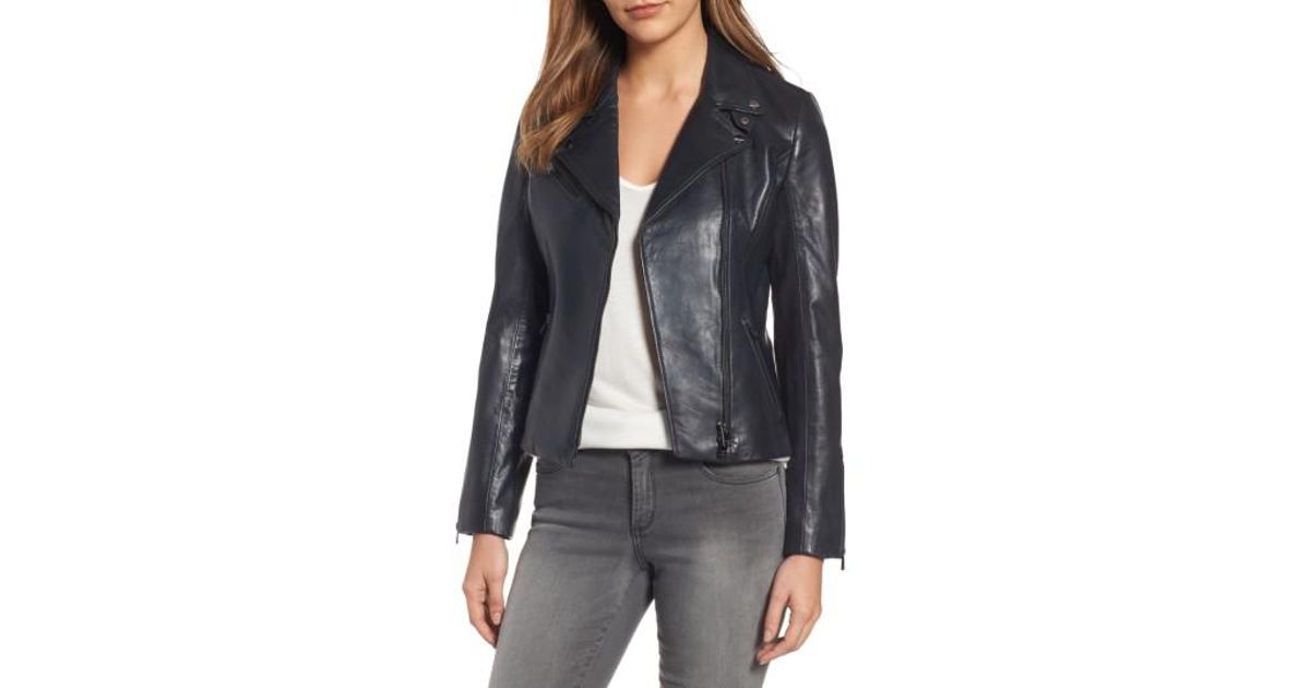 Lyst Lamarque Asymmetrical Zip Leather Biker Jacket In Blue