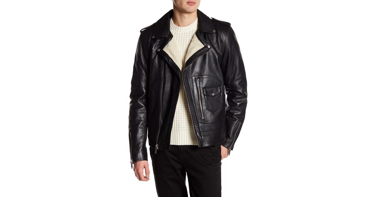 Karl Lagerfeld Black Bonded Faux Shearling Lined Leather Moto Jacket For Men