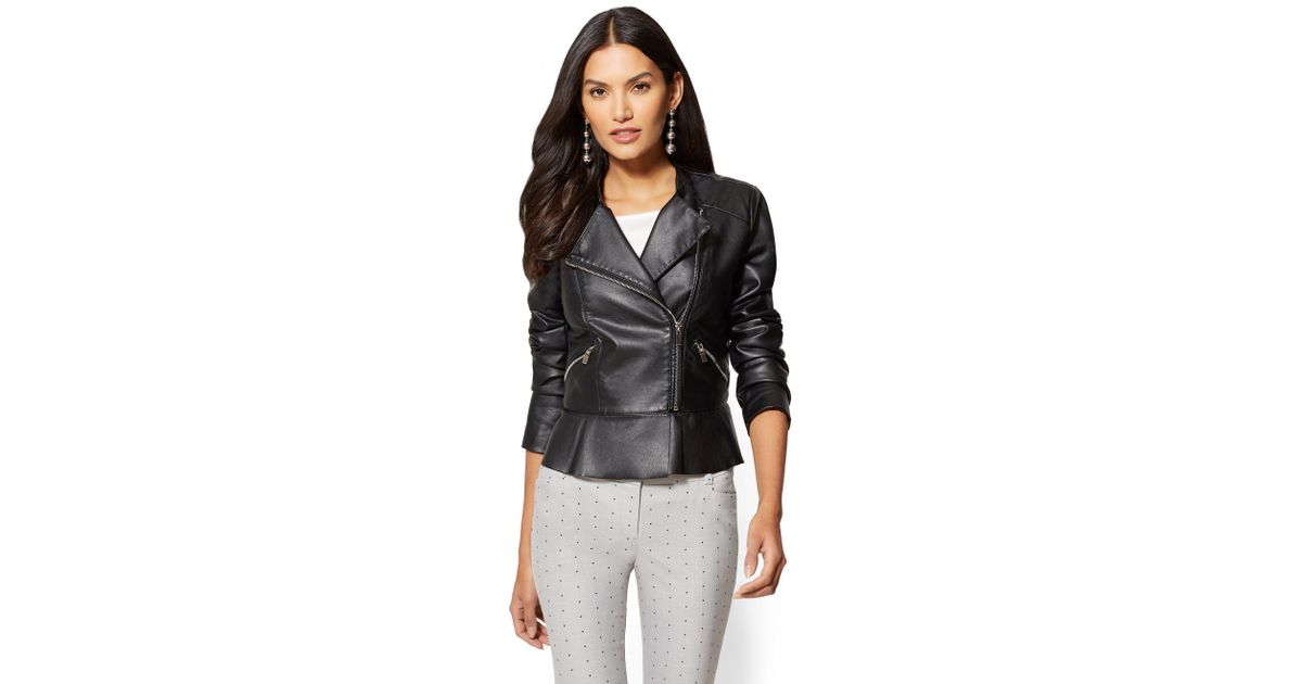 Lyst New York Company Peplum Faux Leather Moto Jacket In Black