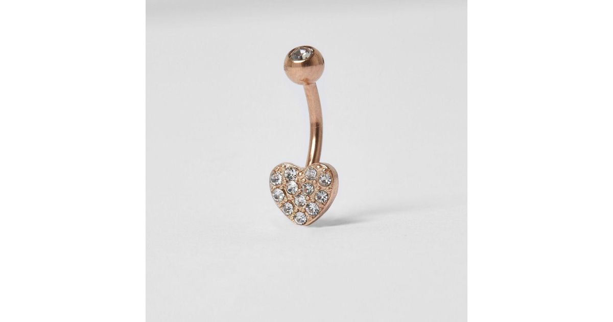 Lyst River Island Rose Gold Tone Pave Heart Belly Bar Lyst River Island Rose Gold Tone Pave Heart Belly Bar In Pink