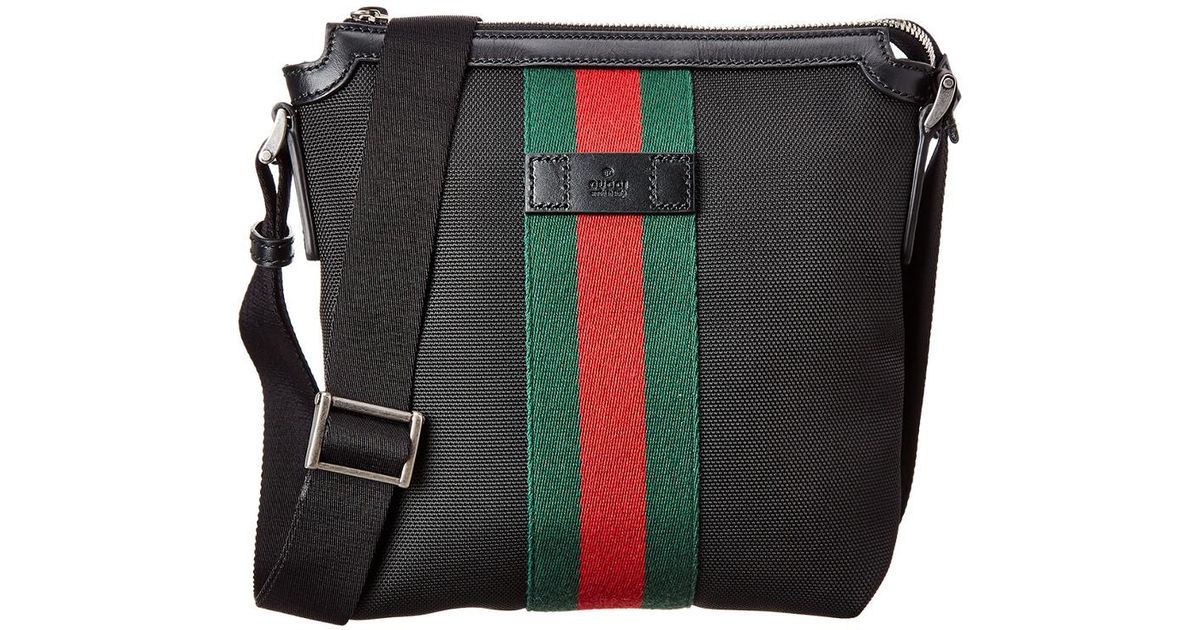 Gucci Black Techno Canvas & Leather Flat Web Messenger Bag in Black - Lyst
