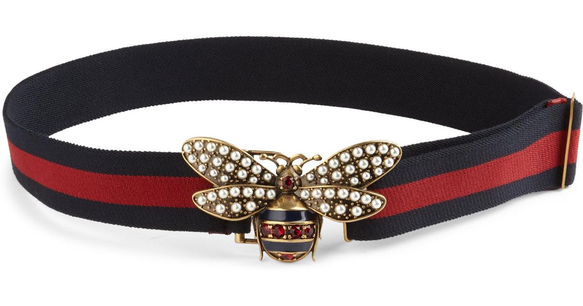 Lyst - Gucci Pearly Bee Buckle Sylvie Web Belt in Black