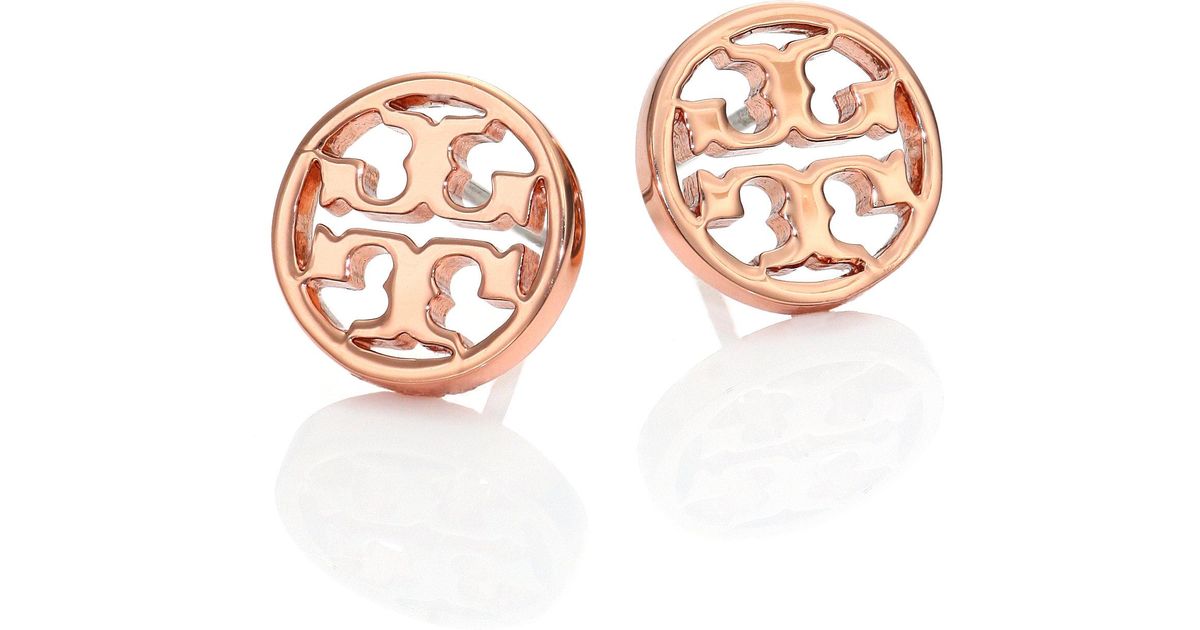 Lyst Tory Burch Logo Circle Stud Earrings Rose Goldtone In Metallic
