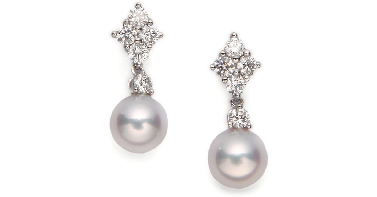 Lyst Mikimoto 7 5mm White Cultured Akoya Pearl Diamond 18k Lyst Mikimoto 7 5mm White Cultured Akoya Pearl Diamond 18k Gold Drop Earrings In