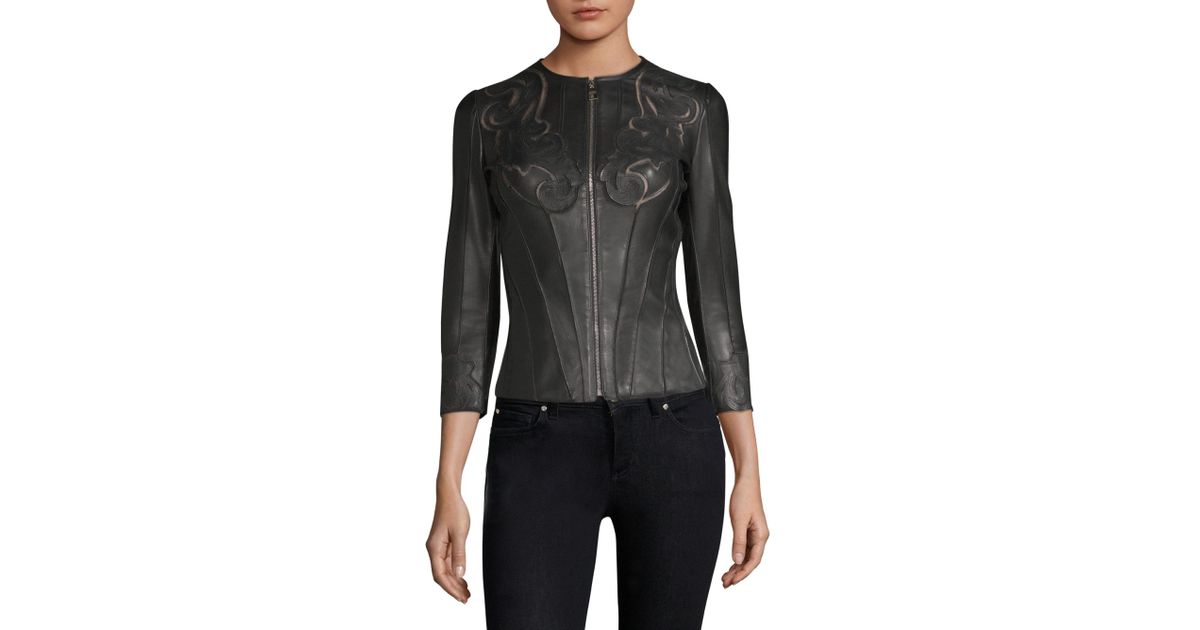 Versace Women S Fitted Laser Cut Leather Jacket Black Size 48 Versace Women S Fitted Laser Cut Leather Jacket Black Size 48 12 In Lyst