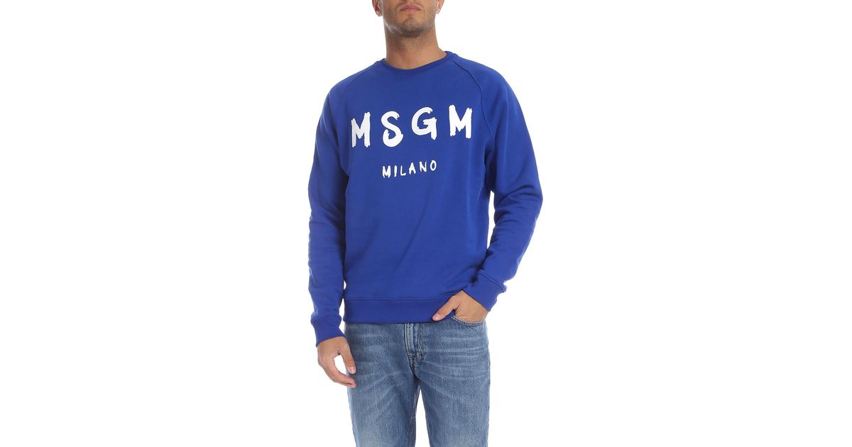 MSGM Electric Blue Sweatshirt With White Brushed Logo for Men - Lyst
