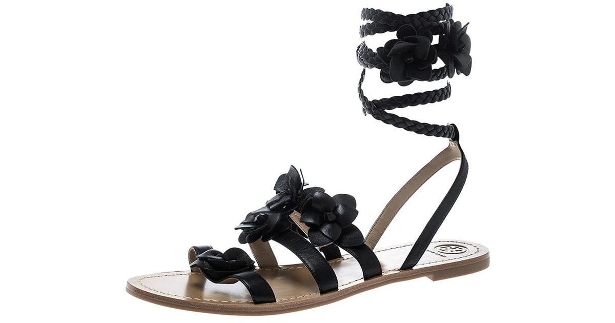 Lyst - Tory Burch Leather Blossom Floral Embellished Flat Gladiator Sandals in Black