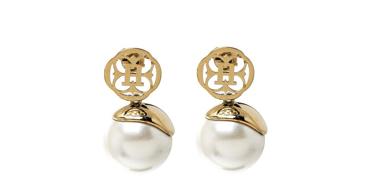 Lyst Ch By Carolina Herrera Faux Pearl Tone Drop Earrings In Metallic