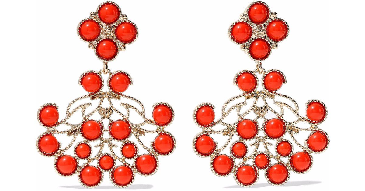 Kenneth Jay Lane Gold Tone Stone Clip Earrings Tomato Red In Lyst