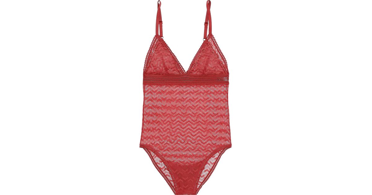 Else Boomerang Lace-trimmed Stretch-mesh Bodysuit Red - Lyst