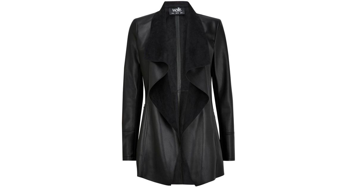 Wallis Black Faux Leather Longline Waterfall Jacket In Lyst