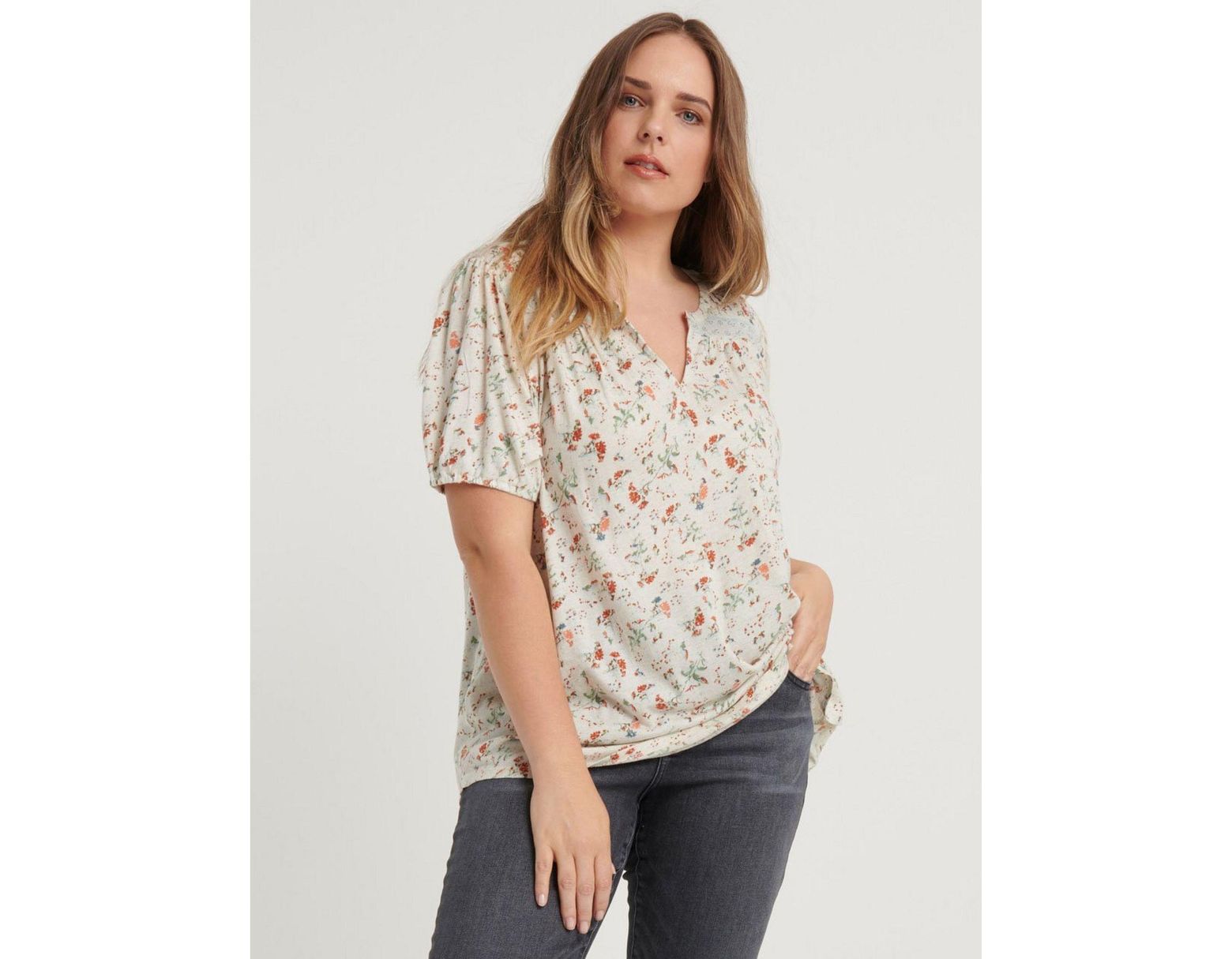 Lucky Brand Womens Plus Size Textured Short Sleeve Peasant Top