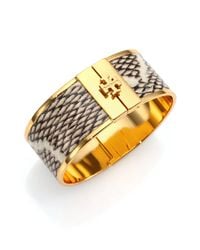 Tory Burch | Metallic Skinny Snake-Embossed Leather-Inlay Cuff Bracelet | Lyst