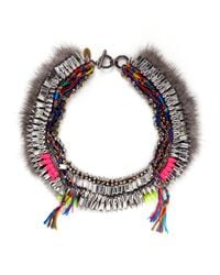 Venna | Multicolor Fur Trim Crystal And Threadwork Necklace | Lyst