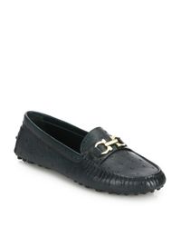 Ferragamo | Green Saba Ostrich-embossed Leather Driving Moccasins | Lyst