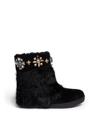 Tory Burch | Black 'curran' Crystal Bead Trim Rabbit Fur Suede Boots | Lyst