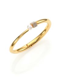 Vita Fede | Metallic Eclipse 6mm White Akoya Pearl & Crystal Cubo Bangle Bracelet/goldtone | Lyst