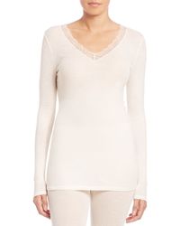 Hanro | Natural Lace-trim Ribbed Long-sleeve Top | Lyst