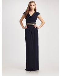 Badgley Mischka | Blue Cowlneck Jersey Belted Dress | Lyst