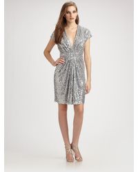 Badgley Mischka | Metallic Sequin V-neck Cocktail Dress | Lyst