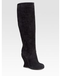 Bottega Veneta | Black Suede Knee-High Wedge Boots | Lyst