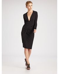 Donna Karan | Black Draped V-neck Long Sleeve Dress | Lyst