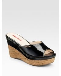 Prada | Black Patent Leather Wedge Slides | Lyst