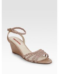 Prada | Natural Braided Wedge Sandals | Lyst