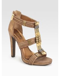 Tory Burch | Carla Beaded Metallic Suede Sandals | Lyst
