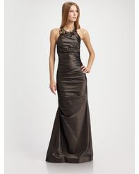 Teri Jon | Black Taffeta Necklace Halter Gown | Lyst