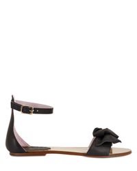 RED Valentino | Black Leather Bow Ankle Strap Flats | Lyst