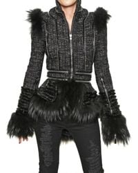 Alexander McQueen | Black Fox Fur Trim Hand Woven Tweed Jacket | Lyst