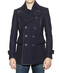 Burberry Prorsum | Blue Leather Trimmed Pea Coat for Men | Lyst