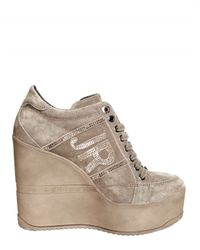 John Richmond | Natural 120mm Swarovski Logo Suede Lace Wedges | Lyst