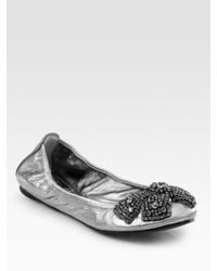 Tory Burch | Eddie Metallic Leather Crystal-coated Bow Ballet Flats | Lyst
