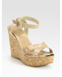 Jimmy Choo | Natural Papyrus Patent Leather And Cork Wedge Sandals | Lyst