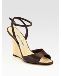 Manolo Blahnik | Brown Straw Tweed and Leather Sculpted-wedge Sandals | Lyst