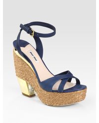 Miu miu Espadrille Wedge Sandals in Blue | Lyst