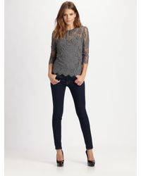 MILLY | Gray Chantilly Lace Caterina Puff Sleeve Top | Lyst