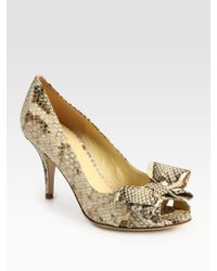 kate spade new york | Natural Susan Snake-print Leather Peep Toe Bow Pumps | Lyst