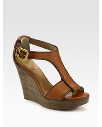 Chloé | Brown Leather T-strap Platform Wedge Sandals | Lyst