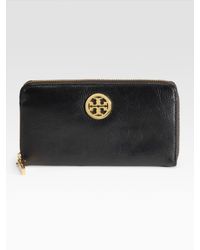 Tory Burch | Black Leather Continental Zip Wallet | Lyst